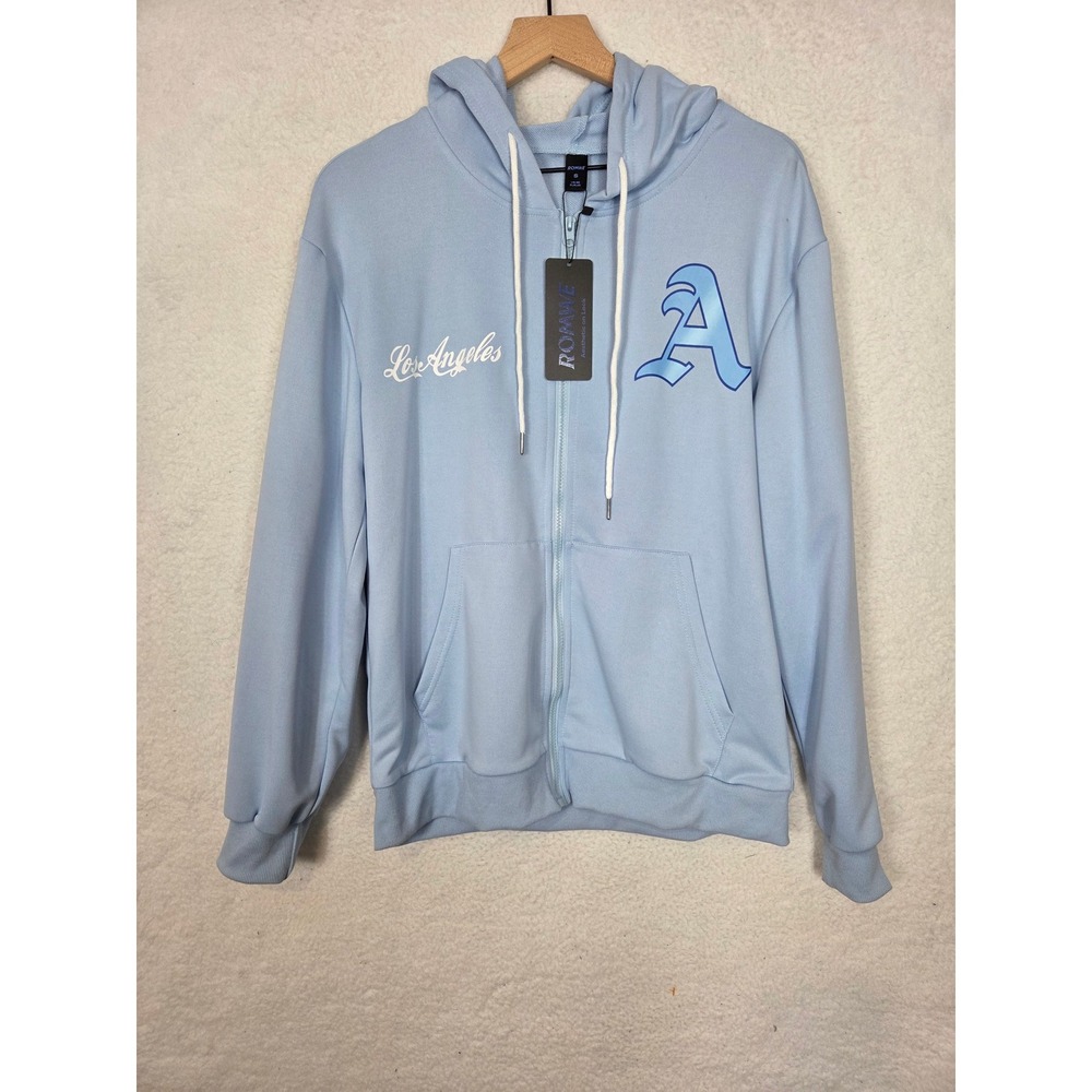 Romwe Mens Los Angeles Graphic Zip Up Hoodie Light Blue S Grunge Casual Unisex